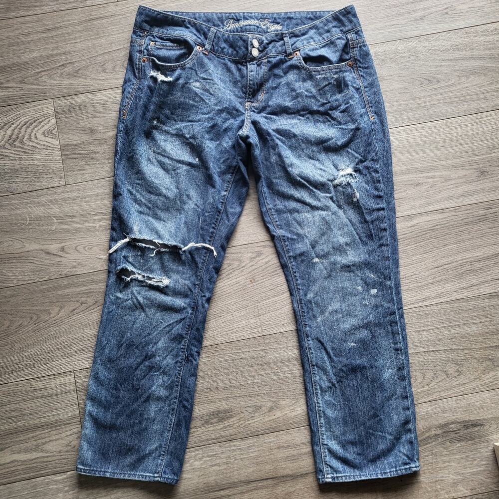 American Eagle Y2K Womens Size 12 Low-rise Distressed Cropped Medium Wash Jeans